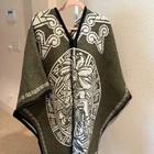 Mexican Aztec Calendar Poncho   Olive Green Woven Gaban Sarape