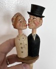 Vintage Hand Carved Mechanical Wooden Wine Bottle Stopper Kissing Couple Works 