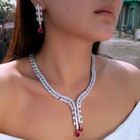 Silver Plated Cz Red Drop Dangle Earrings Leaf Necklace Jewelry Set For Brides
