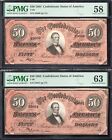 Consecutive Dark Red T-66 1864  50 Confederate Currency Pmg 58 63 35660