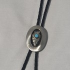 Vintage Mens Western Bolo Tie Turquoise Arrowhead Silver Tone Black Braided Cord