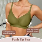 Push Up Scalloped V Neck Bra Wireless Thin Straps Removable Pad Comfort Top
