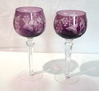 2 Vintage Crystal Bohemian Purple Cut To Clear Long Stem Glasses