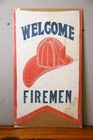 Vintage Fireman Helmet Welcome Sign Cloth Banner 1940s Fire Station Flag Antique