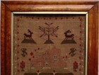 Small Early mid 19th Century House  Garden  Stags   Bird Sampler - C 1845