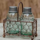 New Rustic Chicken Wire Caddy With Miniature Mason Jar Salt   Pepper Shakers