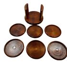 Vintage Mcm Pomerantz Wooden Round Coaster Set In Stand 7 Piece Taiwan