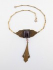 Antique Art Deco Purple Glass   Brass Nouveau Lavalier Choker Necklace Collar B5