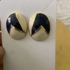 Vintage Vtg Post Earrings Cream   Navy Blue Enamel Gold Tone