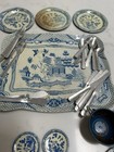 Vintage Tin Lithograph Blue Willow Childs Tea Set Asian Graphics Incomplete