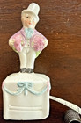 Vintage German Figural Porcelain Sewing Tape Measure   Top Hat Thimble Holder  