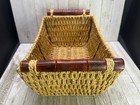Vintage Woven Wicker Rattan Basket Tray Rectangle Wooden Handle Boho 11 x9 