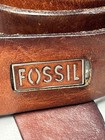 Vintage Fossil Leather Belt Brown Size M l Logo Plaque Silver Tone Buckle 45 l