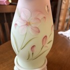 Rare Fenton Art Glass Lotus Mist Burmese Hand Painted 10  Hurricane Lamp