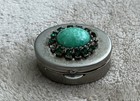 Vtg Silver-tone Pill Box Green Faux Turquoise Cabochon Rhinestone Halo