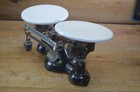 Antique Ohaus Balance Scale Double Beam Cast Iron   Steel Milk Glass Pans 2 Kilo