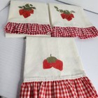 Vintage Strawberry Tea Towels Set 3 Red White Gingham Ruffle Cotton Farmhouse