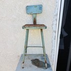 Vintage Industrial Distressed Green Metal Stool With Removable Back  1940s 01253