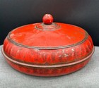 1930 s Vintage 3 Piece Metal Tin Sewing Kit Storage Container Rustic Red 