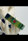 Rare Vintage Marbled Green Spinach Inlaid Red Polka Dots Bracelet Bangle Retro 