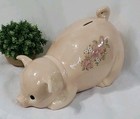 Large Vtg Pink Curly Tail Pig Piggy Bank Ceramic Floral Chubby Piglet Rare  read