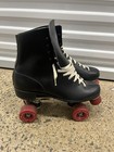 Vintage Men   s Black Leather Quad Roller Skates Red Wheels Retro Size 8 5-9