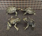 2 Pairs Solid Brass Turtles And Frogs Figurines Vintage Styles Couple Statues
