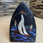 Antique Hand Painted Cast Iron Sad Iron Sailboat Nautical Decor Doorstop Vintage