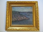 Antique 1920 s Impressionism Painting Landscape Nautical Boat Ship Island Coast
