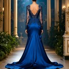 Luxury Applique Long Sleeve Mermaid Evening Dress Satin Wedding Party Prom Gowns