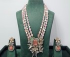 Pink Crystal Floral Necklace   Earrings Set Faux Pearl Cushion Stones