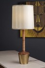 Mid Century Danish Modern Paavo Tynell Style Brass Rattan   Teak Table Lamp