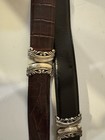 Vintage Brown Croc Embossed Leather Look Belt Silver Engraved Oval Buckle Women   