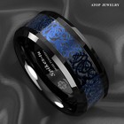 8mm Black Tungsten Ring Blue Celtic Dragon For Mens Wedding Bands Atop Jewelry