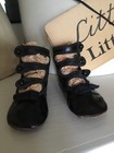 Antique Victorian Baby Toddler Black Leather Shoes High Top 3 Button Straps Bows