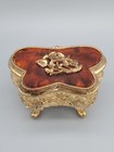 Vintage Gold Tone Footed Trinket Jewelry Box Floral Filigree Made In Japan