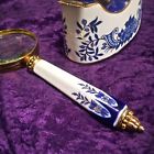Cobalt Blue   White Porcelain  Bras Desk Set  Tape Dispenser    Magnifying Glass