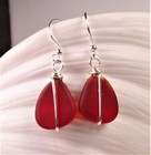 Cherry Red Cultured Sea Glass Handmade With Plated Silver Drop Earrings 3 4 