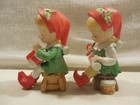 Vintage Taiwan Ceramic Christmas Pixie Elf Candy Cane Gift Figurines Set Of 2