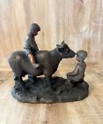 New Primitive Farmhouse Vintage Antique Style Farm Boy Cow Figurine Statue
