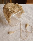 Antique Crochet Baby Bonnet Hat Ecru Beige Lace Blue Ribbon 5  Deep 12  Around