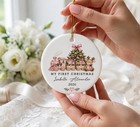 Baby Girl First Christmas Ornament  Custom Name Reindeer Pink Train Ceramic