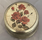 Vintage Metal Powder Puff Music Box Red Roses Plays Always Wind Up 5 5  - Read