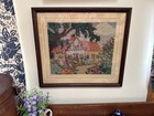Vtg Folk Art Handmade Crewel Embroidery Framed Cottage Flower Garden 1930s