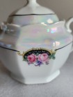 Vintage Bavaria Lusterware Sugar Bowl With Lid     Pink Roses  Scrolls     Cracked