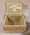 Vintage Wicker Sewing Basket Box Woven Floral Tapestry Padded Lid Made In Taiwan