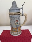 German Lidded Beer Stein Pewter Hinged Lid Painted Scene German Text 306