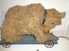Bear Pull Toy Brown Stuffed Plush Wooden Blue Train Wheels Vtg Handmade Decor