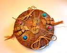 Antique Chinese Basket W lid Beaded  Tassels  Coins Round 5 1 2 Inches