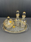 Vintage Jeannette Glass 4pc Vanity Set Gold Trim Perfume Bottles Tray Powder Jar